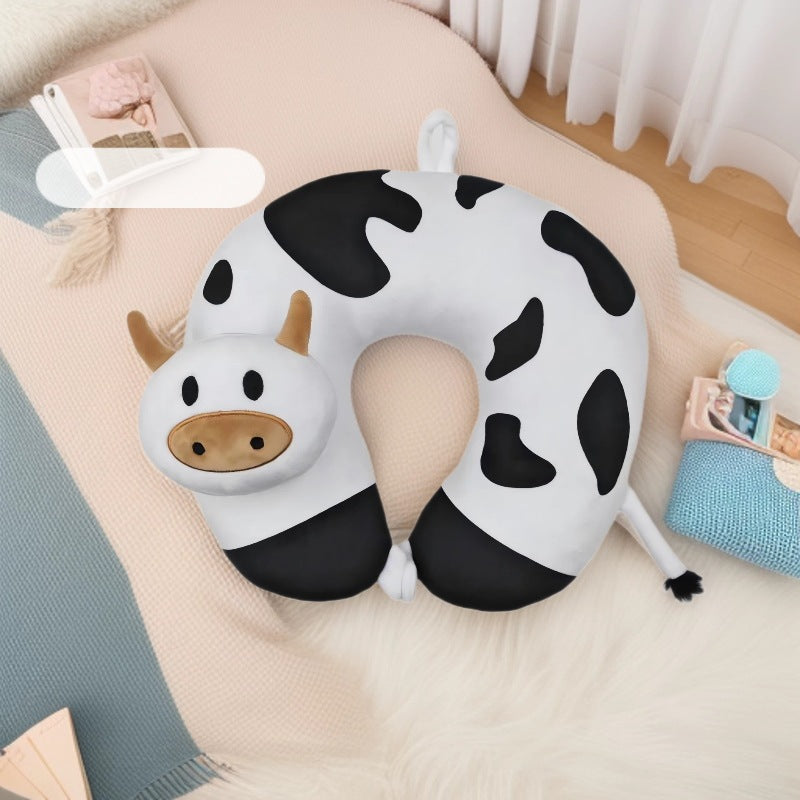 Cute Animal U Shaped Travel Neck Pillow, PP Cotton Filled Plush Neck Support Pillow, Cow & Bear Cartoon Travel — back view