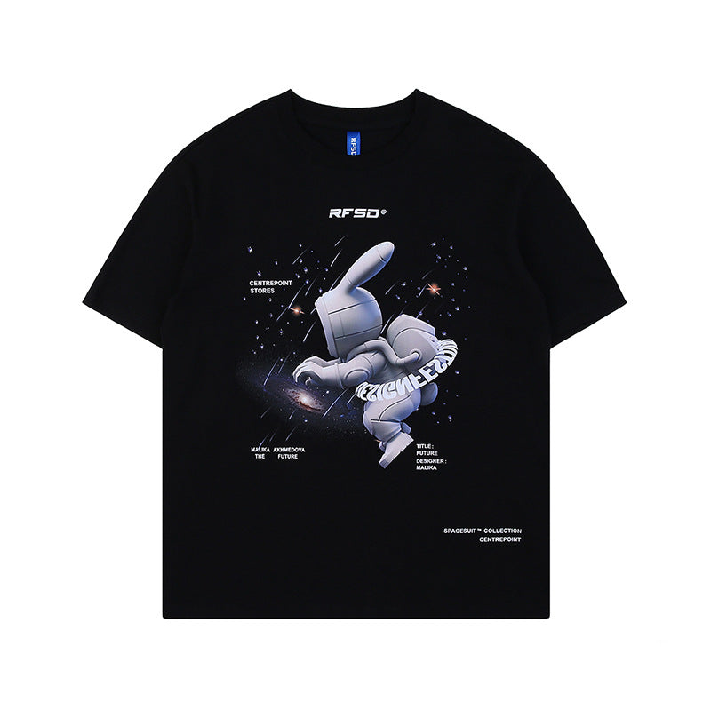 Street Anime Moon Rabbit Print Loose Men's T-shirt — back view