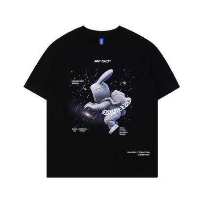 Street Anime Moon Rabbit Print Loose Men's T-shirt — back view