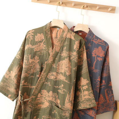 Men's Cotton Gauze Kimono Long Dress Bathrobe — scale reference