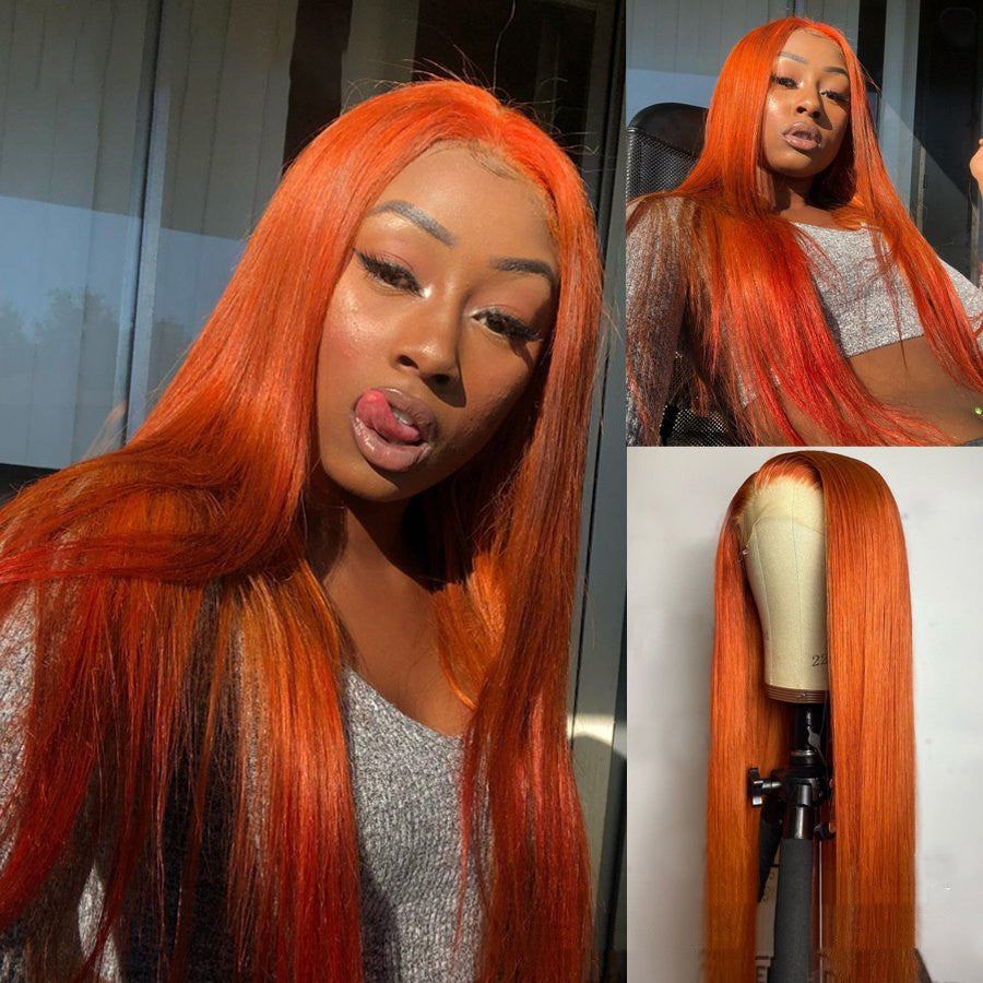 Split Orange Long Straight Chemical Fiber Wig