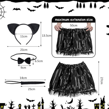Katzen Kostüm, 4-teiliges Schwarzes Katzen Set Mit Haarreif, Schleife, Schwanz & Rock, Elegantes Cat-Outfit Für — back view