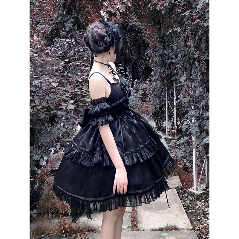 Originale Lolita Harajuku Bow Splicing Black Dress Hot Girl Fashion Kawaii Sweet Dress — side view