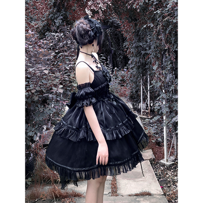 Originale Lolita Harajuku Bow Splicing Black Dress Hot Girl Fashion Kawaii Sweet Dress — side view