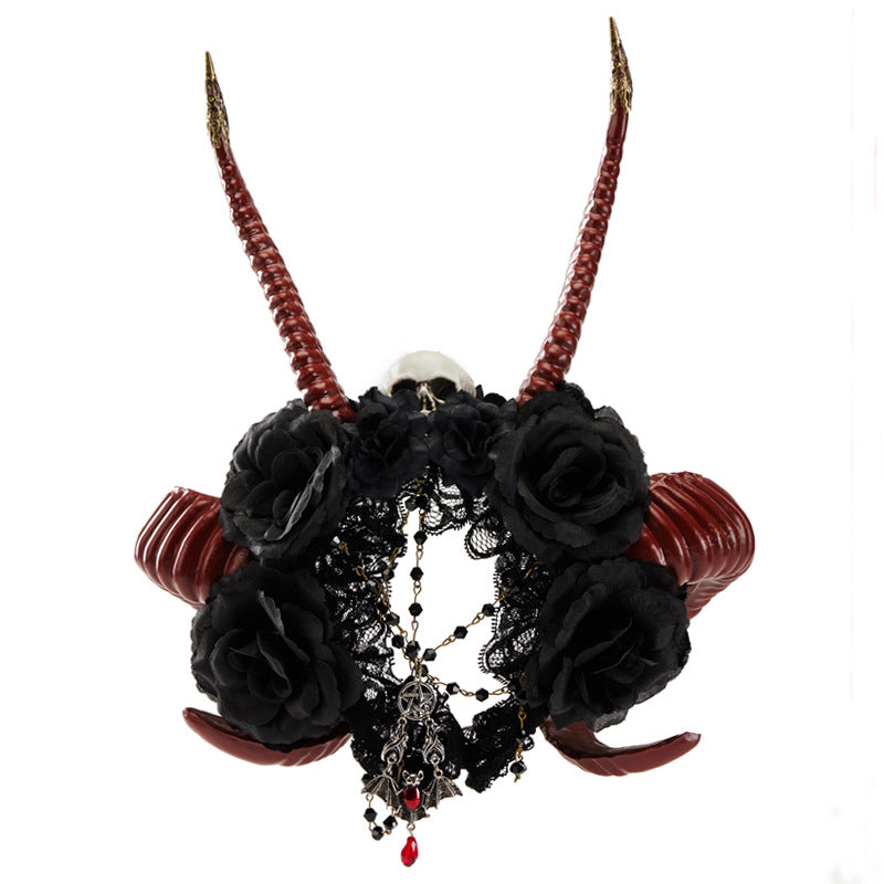 Gothic Dark Devil Horn Skull Halloween Red Antelope Horn Headband — in use