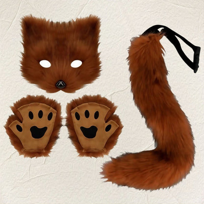 Cute Fox Mask Plush Cat's Paw Gloves Beast Tail Three-piece Set — detail