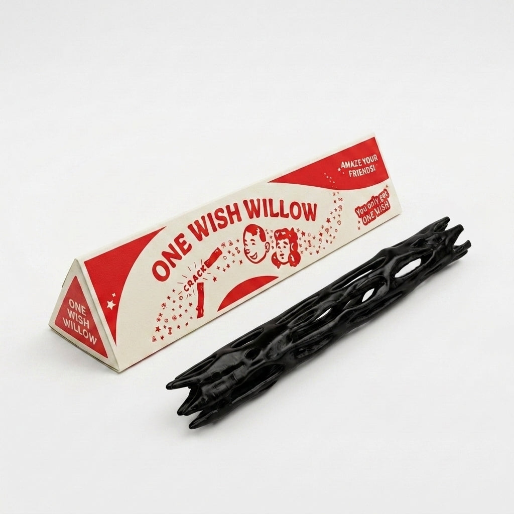One Wish Willow — a single gnarled black willow wish stick beside its red and white triangular One Wish Willow box