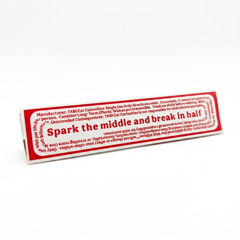 One Wish Willow packaging, small-print panel — single-use wish willow stick, manufacturer and usage notes