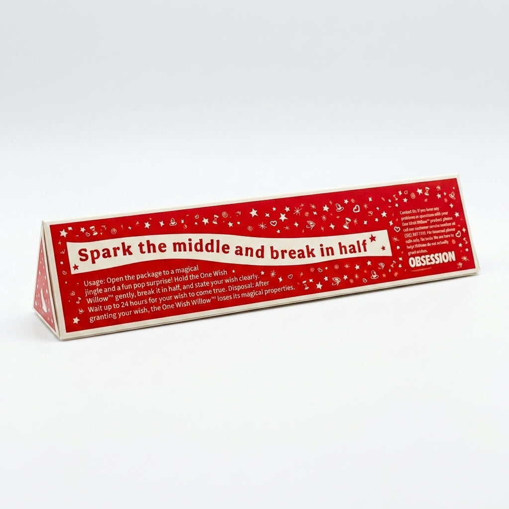 One Wish Willow box, instruction panel — 'Spark the middle and break in half', the one-wish willow stick ritual printed in red