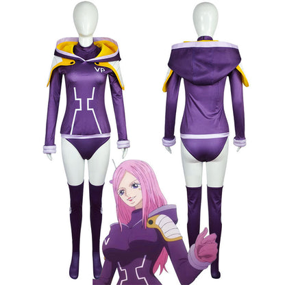 Jewelry Bonney Egghead Arc cosplay costume, front and back — purple VP top with yellow-lined hood, white shoulder pads, briefs and thigh-high socks