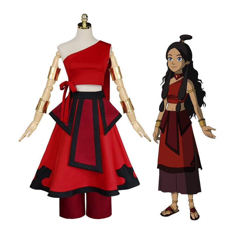 Katara red dress cosplay costume from Avatar: The Last Airbender — one-shoulder red crop top, black-trimmed skirt, gold arm cuffs and red trousers