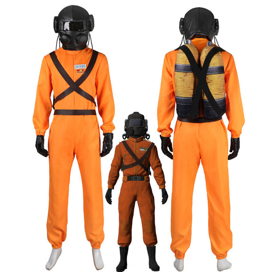 Lethal Company Employee cosplay costume, front and back — orange jumpsuit, black harness straps, helmet and oxygen tank