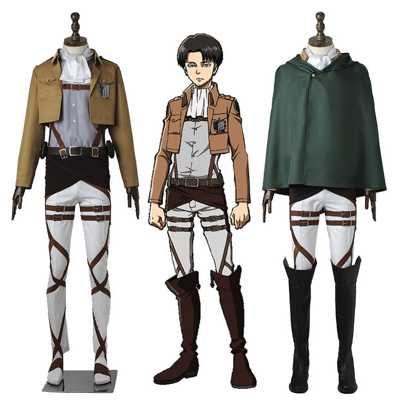 Levi Ackerman Survey Corps uniform cosplay costume — tan jacket, strapped white trousers and green Survey Corps cloak