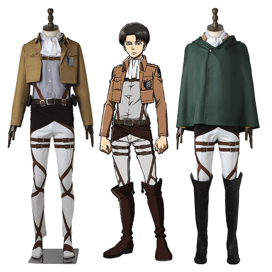 Levi Ackerman Survey Corps uniform cosplay costume — tan jacket, strapped white trousers and green Survey Corps cloak