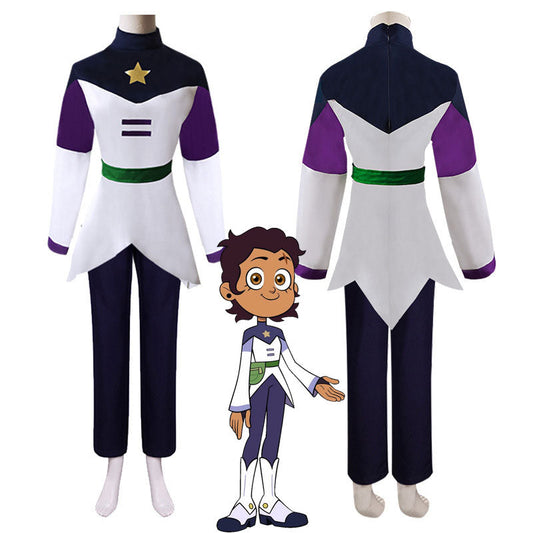 Luz Noceda cosplay costume from The Owl House, front and back — white tunic with gold star yoke, purple sleeves, green sash and navy trousers