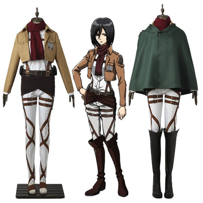 Mikasa Ackerman uniform cosplay costume — Attack on Titan cadet jacket, red scarf, harness straps and green cloak