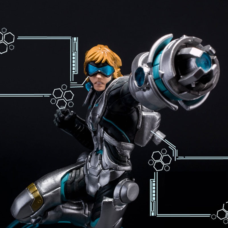 Pulsefire Ezreal figure against a hexagon grid — League of Legends Ezreal collectible with the gauntlet aimed forward