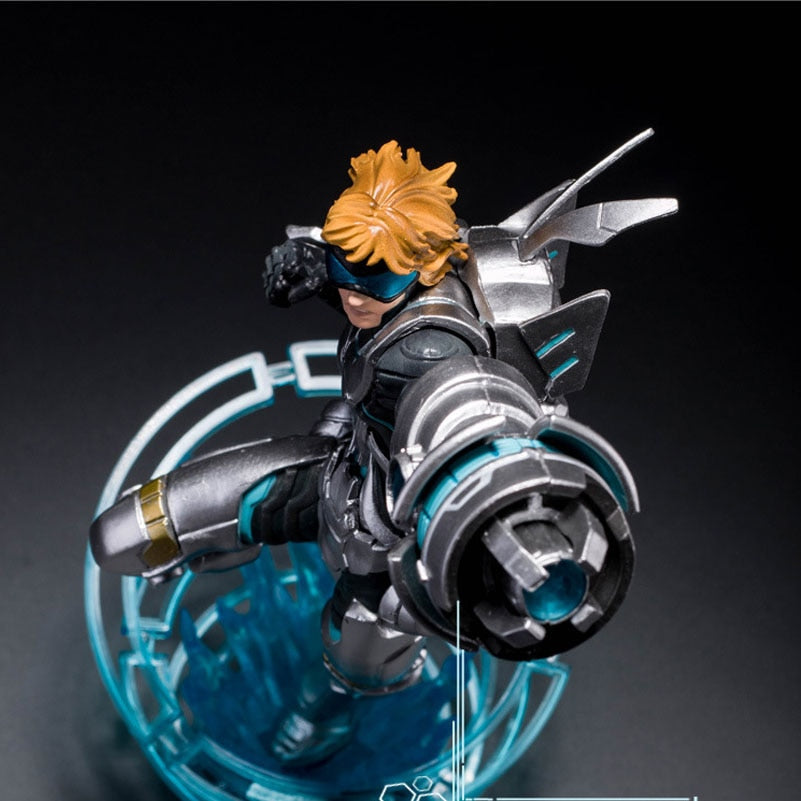 Pulsefire Ezreal statue on a glowing blue base — League of Legends collectible figure with blond hair, visor and metal gauntlet