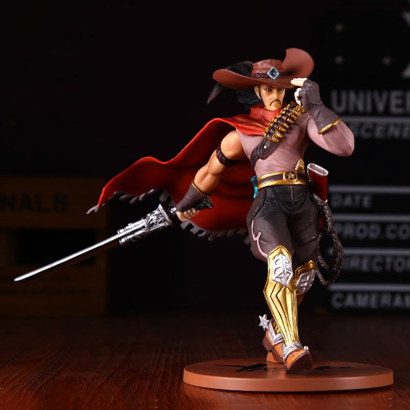 High Noon Yasuo League of Legends figure — wide-brimmed hat, red cape, bandolier and gold-plated boots, sword drawn