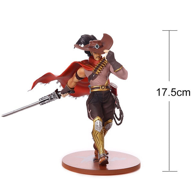 High Noon Yasuo figure with 17.5 cm scale marker — full statue on its round display base, sword extended