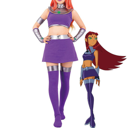 Starfire Teen Titans cosplay costume — purple crop top and skirt with silver collar, gauntlets and thigh-high socks