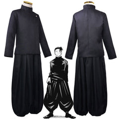 Suguru Geto Jujutsu High school uniform cosplay — black stand-collar top and wide pleated trousers, front and back