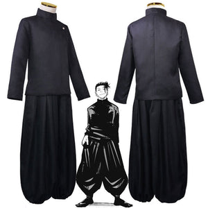 Suguru Geto Jujutsu High school uniform cosplay — black stand-collar top and wide pleated trousers, front and back