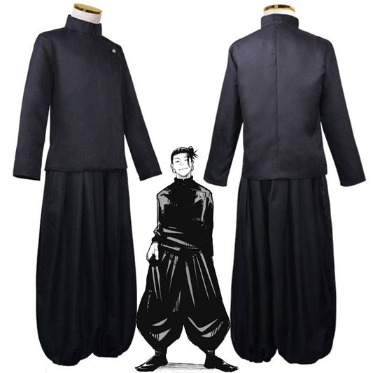 Suguru Geto Jujutsu High school uniform cosplay — black stand-collar top and wide pleated trousers, front and back
