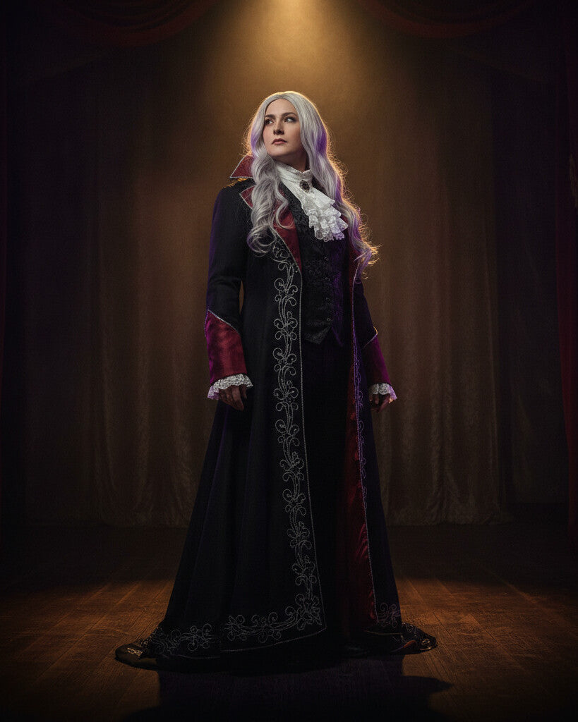 Adult in a gothic vampire-noble costume with a long silver wig under a spotlight