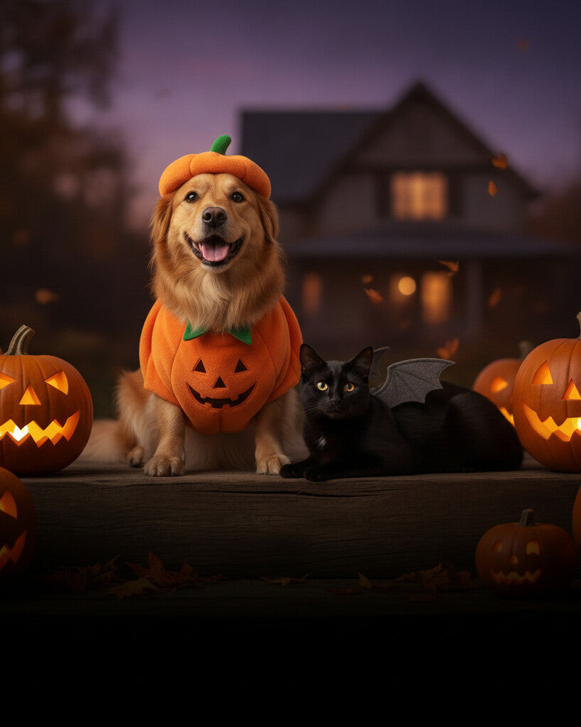 Dog in an orange pumpkin costume next to a black cat with felt bat wings on a porch