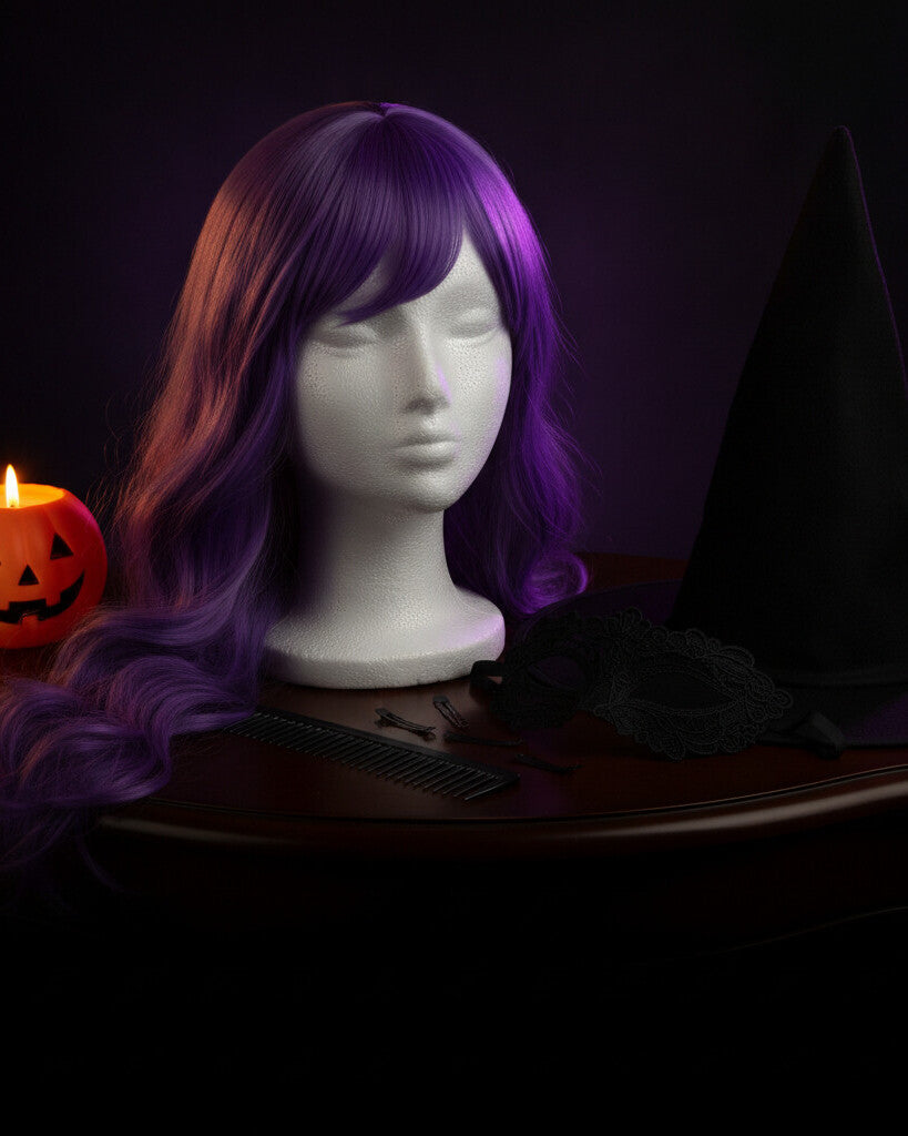 Long violet cosplay wig on a foam head beside a witch hat and a jack-o'-lantern